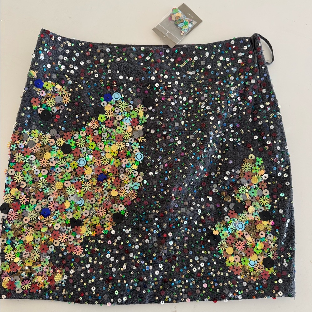 Maeve Black Sequin Mini Skirt with Multicolor Floral Sequins